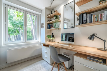 A modern home office with a minimalist desk, chair and floating shelves made of light wood against white walls, a large window showing greenery outside with clean lines and natural lighting.