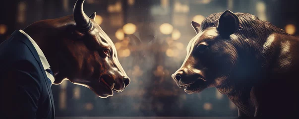 Poster Angry Bulls fight in suits. Bull market bussiness concept. © Michal