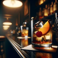 A well-lit cocktail sits on a bar counter, with a cherry and an orange slice garnishing the drink
