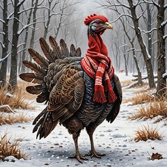 A proud turkey stands in a snowy landscape, sporting a cozy red scarf around its neck