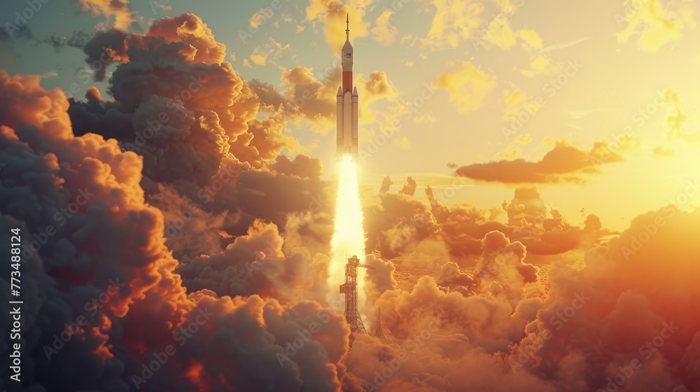 Poster Rocket launching into the sky with clouds, ideal for technology and innovation concepts