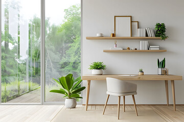 A modern home office with a minimalist desk, chair and floating shelves made of light wood against white walls, a large window showing greenery outside with clean lines and natural lighting. - obrazy, fototapety, plakaty