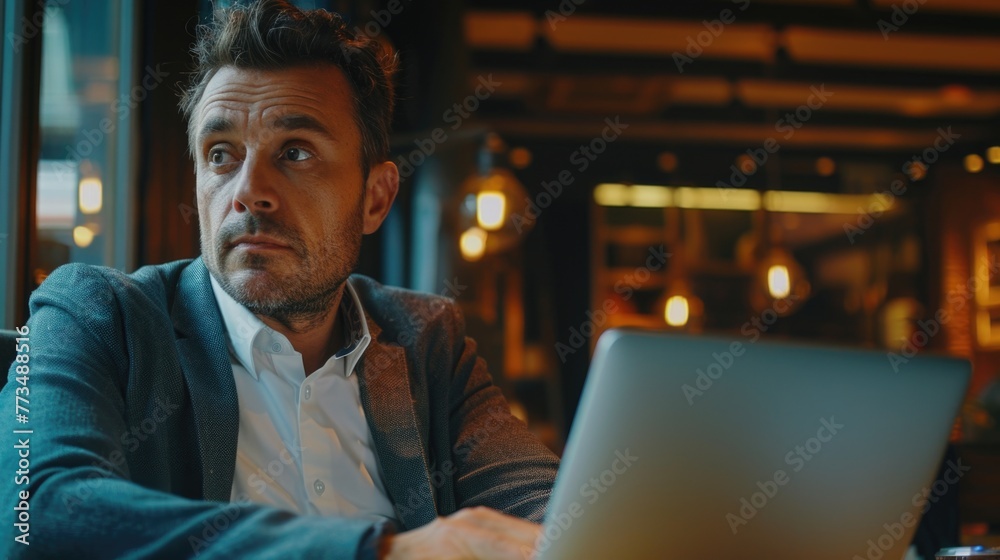 Aufkleber A man sitting in front of a laptop computer. Suitable for business and technology concepts