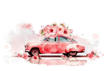 Watercolor illustration of car with flowers on roof, white background. Greeting card template. Mother's Day, Birthday, March 8