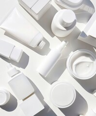 A collection of white label skincare products including a cream and a lot of cream. Different cosmetic bottles on white background
