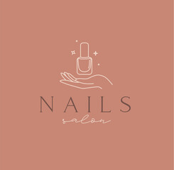 Hand with nail polish and lettering nails salon drawing in linear style on coral background