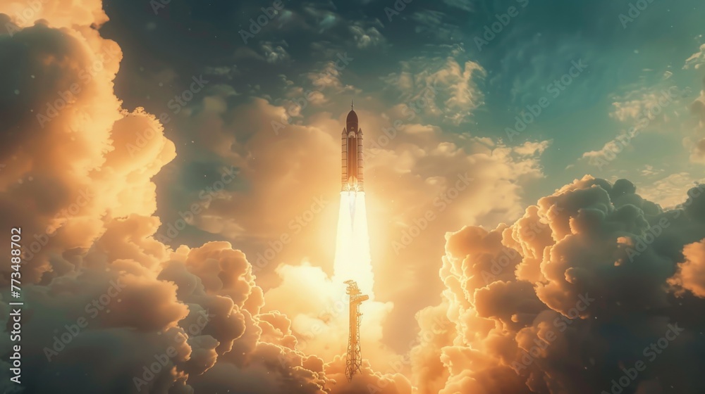 Poster A space shuttle launching into the sky. Suitable for science and technology concepts