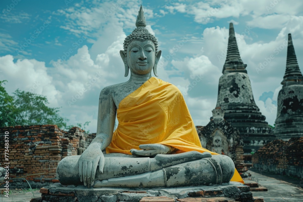 Poster a statue of a person sitting in a meditation position. suitable for wellness and relaxation concepts