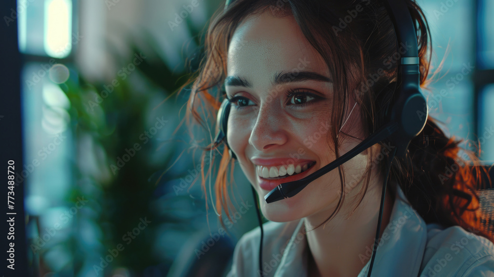 Poster a woman smiling while wearing a headset. suitable for business and customer service concepts