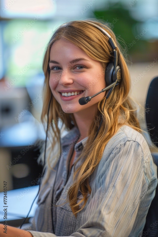 Poster a woman sitting at a desk with a headset, working on a computer. suitable for business or customer s