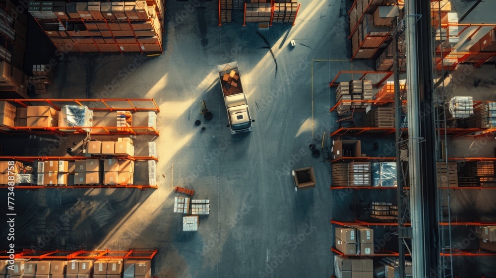 Aufkleber overhead view of a warehouse filled with boxes. suitable for logistics and storage concepts