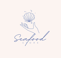 Hand with seashell and lettering seafood store drawing in linear style on beige background