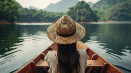 A woman wearing a straw hat sitting peacefully in a boat. Suitable for travel and leisure concepts - obrazy, fototapety, plakaty