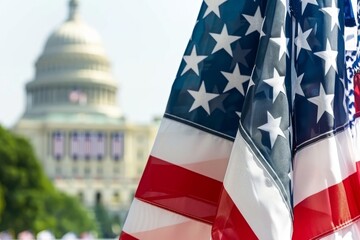 american flag and Capitol building in the background  - obrazy, fototapety, plakaty