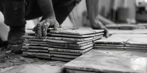 A man working on laying tile. Suitable for construction projects - obrazy, fototapety, plakaty