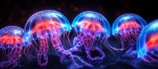 Group of iridescent deep water Jellyfish displaying stinging tentacles with dark background.