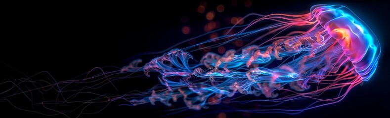 Closeup of an Iridescent deep water Jellyfish displaying long stinging tentacles, dark background with copy space. - obrazy, fototapety, plakaty