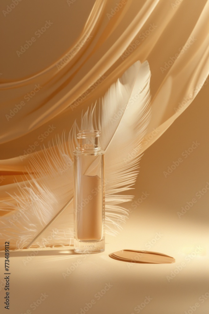Poster a bottle of liquid and a feather on a table, suitable for various concepts