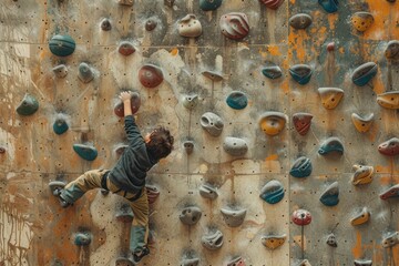 A young boy climbing on a rock wall. Suitable for sports and adventure themes - obrazy, fototapety, plakaty