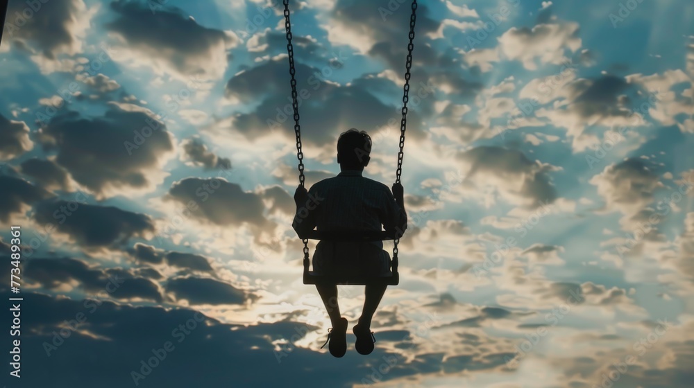 Poster a person enjoying a peaceful moment on a swing high up in the sky. perfect for concepts of freedom a