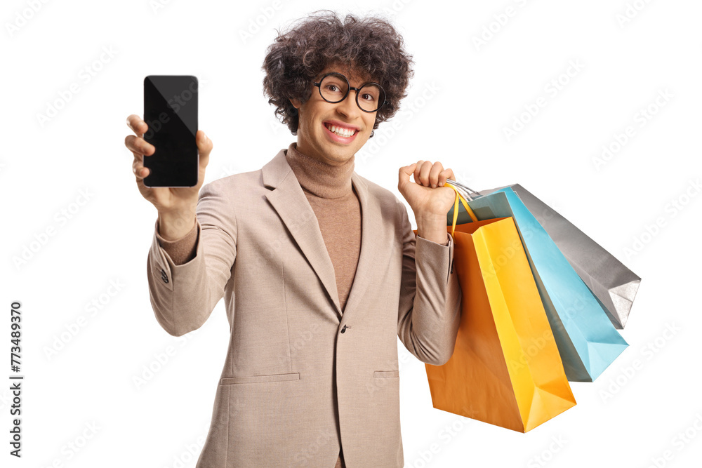 Sticker Young man with shopping bags holding a smartphone