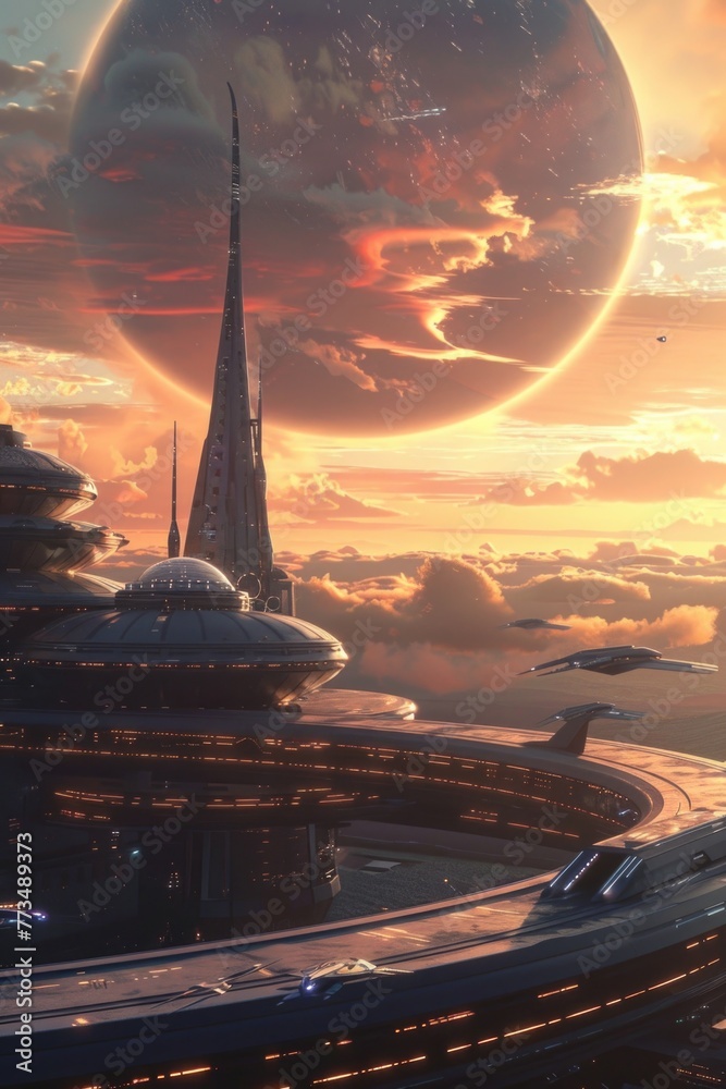 Poster a modern cityscape floating in the sky, ideal for futuristic concepts