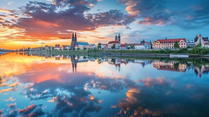 Magdeburg, Germany. Wide view of Magdeburg with the city reflecting in the Elbe river at sunset. - obrazy, fototapety, plakaty