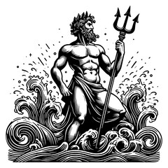 Mythical Poseidon Engraving Ocean Waves PNG