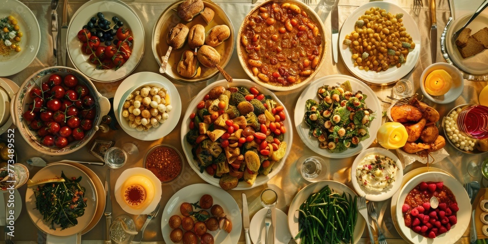 Poster assorted food items displayed on a table, perfect for food blogs or restaurant menus