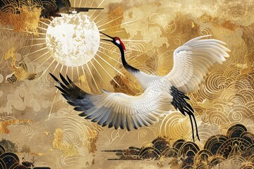 A majestic crane soaring in the moonlit sky. Suitable for nature and wildlife concepts