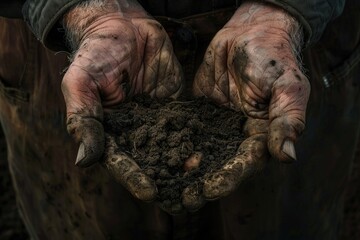 A man holding a handful of dirt. Suitable for environmental concepts - obrazy, fototapety, plakaty