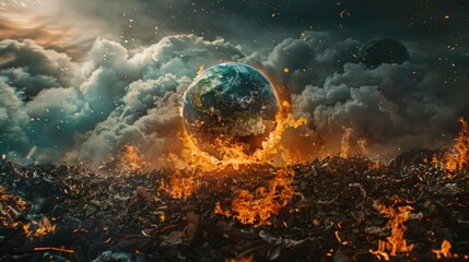 The earth engulfed in flames and smoke, depicting environmental destruction. Suitable for climate change and natural disaster concepts