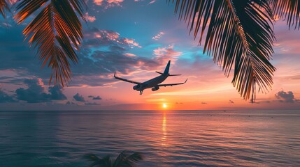 Plane flying over warm sea at sunset. - obrazy, fototapety, plakaty