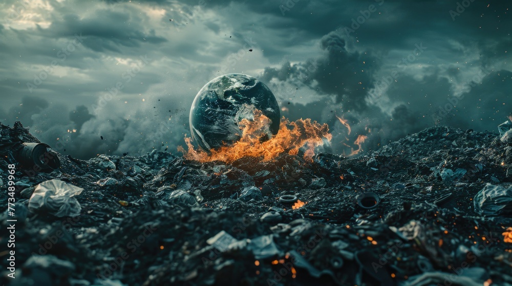 Aufkleber a striking image of a burning earth surrounded by trash. perfect for environmental and pollution con