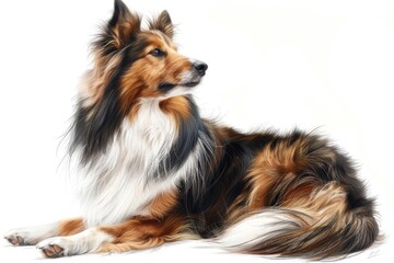 A brown and white dog laying down on a white surface. Suitable for pet care or relaxation concepts