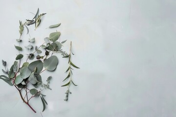 Eucalyptus branches on pastel gray background with copy space Top view. space for text