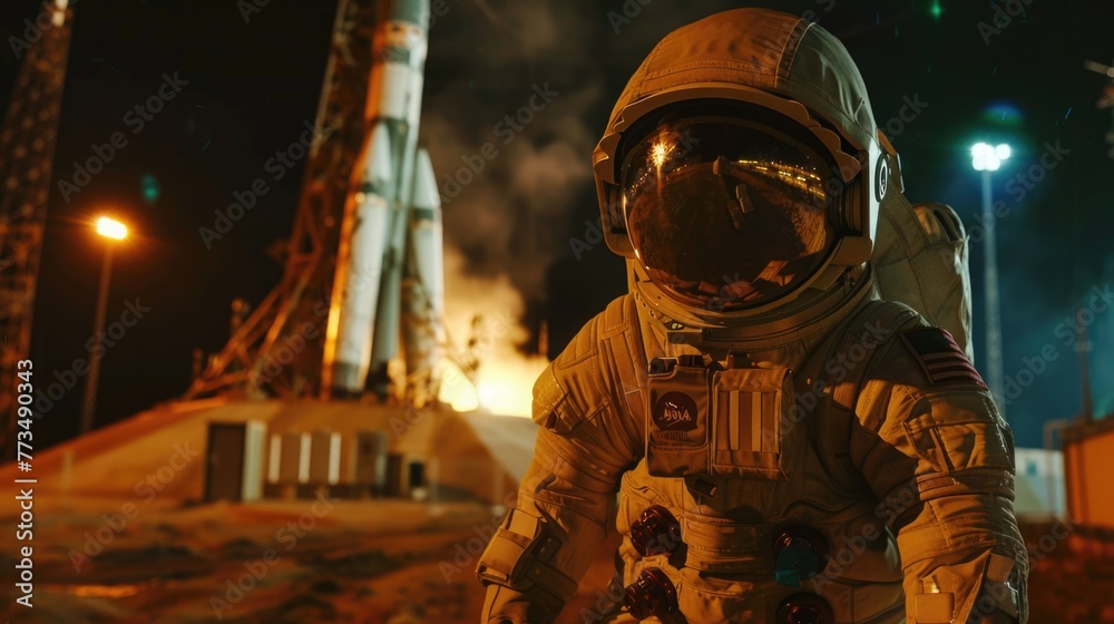 Poster Astronaut in space suit standing in front of rocket, suitable for science and technology concepts