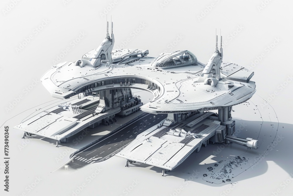 Poster a futuristic space station with a train on the tracks. suitable for sci-fi and transportation concep