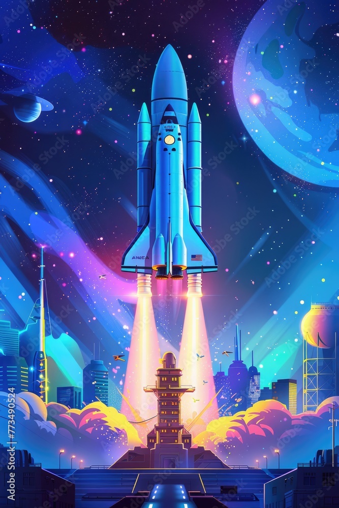 Poster a space shuttle taking off into the sky. ideal for illustrating space exploration