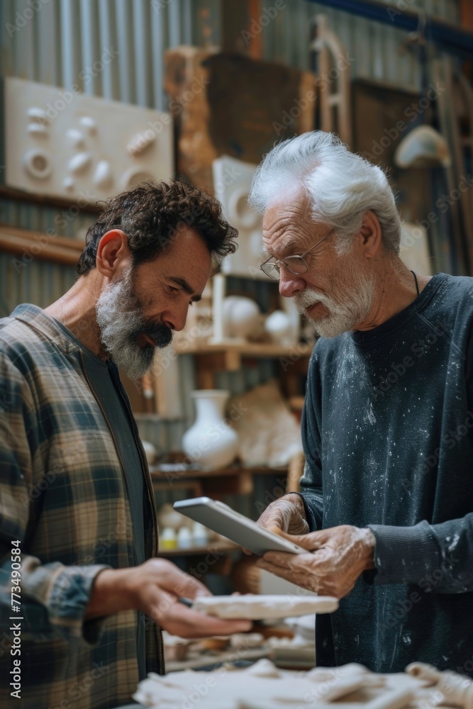 Aufkleber Two men looking at a tablet in workshop. Suitable for technology or teamwork concepts
