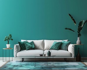 modern interior design of a living room with a sofa and side tables, with a turquoise wall...