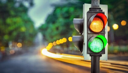 Illuminated traffic light with all colors on against a backdrop of dynamic car light streaks capturing a moment of decision-making confusion - obrazy, fototapety, plakaty