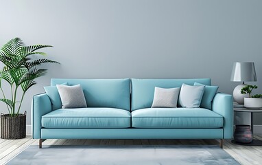 Modern interior design of a living room with a light blue sofa and copy space wall mock up background, in high definition