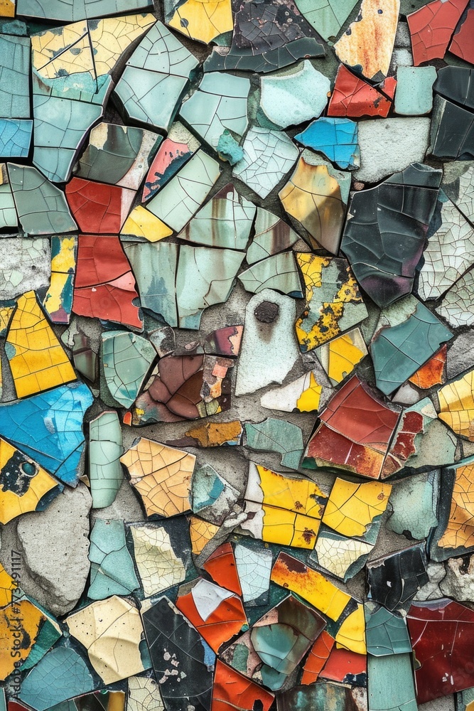 Poster close up of a wall with various colored tiles, ideal for background or interior design concepts