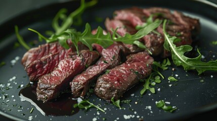 A detailed view of a steak served on a plate. Perfect for food blogs or restaurant menus