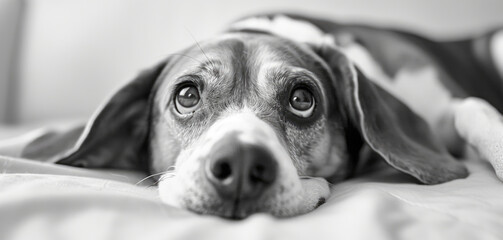 A black and white photo of a dog laying on a bed. Suitable for pet lovers and animal care concepts