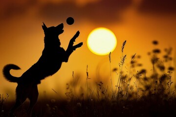 silhouette of a dog catching a ball out of the air