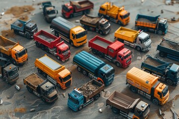 Toy trucks displayed on a table, suitable for toy store advertisement