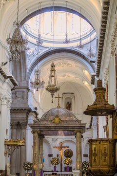 Interior of a catholic church with beautiful decorations and lights