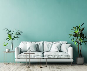 modern interior design of a living room with a sofa and side tables, with a turquoise wall...